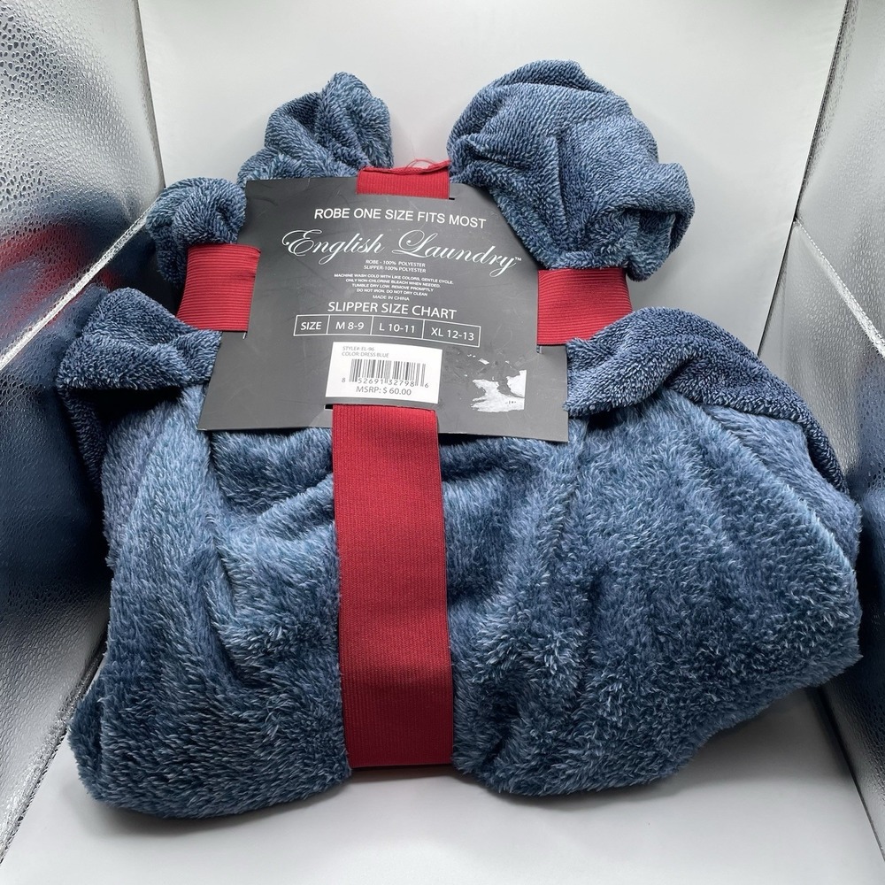 NEW English Laundry Robe & Matching Slipper (8/9 M) Set Mens One Size Dress Blue - Picture 3 of 5